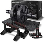 Amonax Gym Equipment for Home Workout (Ab Roller Wheel Set, Skipping Rope, Push-up Handles). Fitness Exercise, Strength Training Equipment for Abs, Weight Loss, Sport Accessories for Men Women
