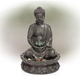 Alpine Corporation 48 cm Tall Indoor/Outdoor Tabletop Meditating Buddha with Lotus Flower Fountain with LED Light,Beige