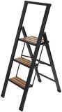 WENKO Lightweight aluminium step ladder with 3 steps for 75 cm higher stand, non-slip XXL steps, design folding step ladder with 44 x 127 x 5.5 cm in black, TÜV Süd certified